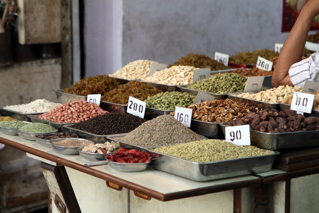 Sacks of spices at Khari Baoli spice market on the Old Delhi food walk